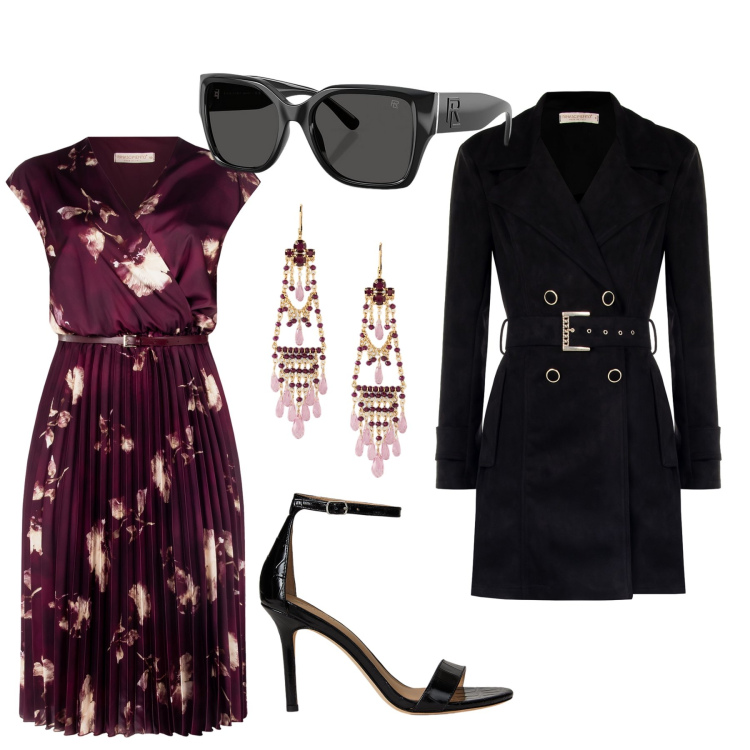 Outfit donna - Total look #2248626. Stile Glamour per Serata fuori. Abbinamento con vestiti midi/longuette, trench, occhiali da sole, sandali in pelle, orecchini.