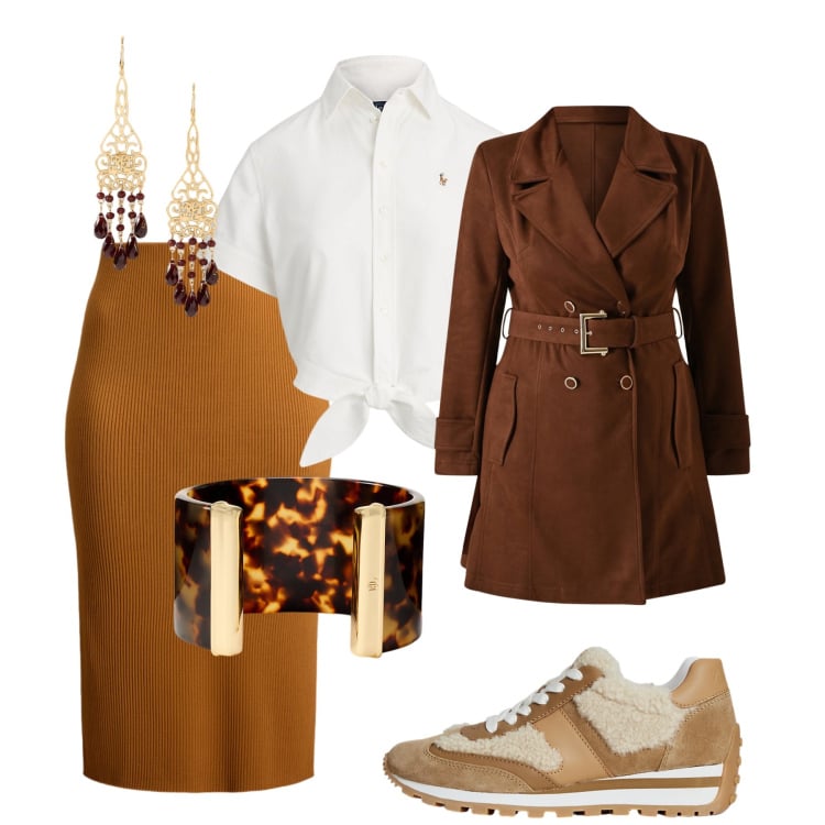 Outfit donna - Brunch. Stile Chic per Tutti i giorni. Abbinamento con trench, camicie, braccialetti, gonne, sneakers, orecchini.
