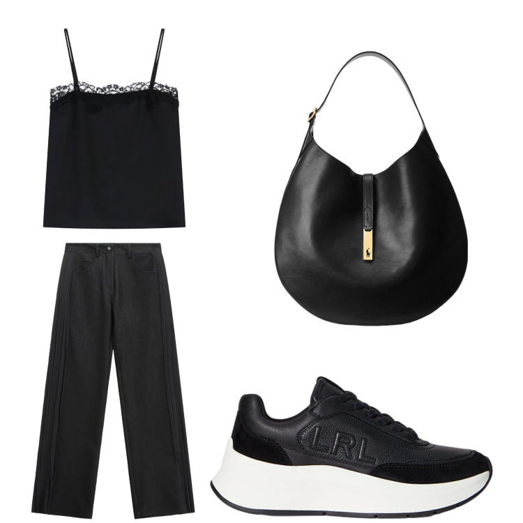 Outfit donna - Aperitivo. Stile Trendy per Tutti i giorni. Abbinamento con canottiere, jeans, borse a spalla, sneakers.