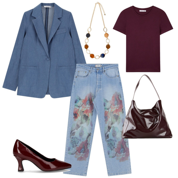 Outfit donna - Passeggiata nel tempo libero. Stile Sporty chic per Serata fuori. Abbinamento con shopping bag, t-shirt, jeans dritti, blazer, collane, décolleté.