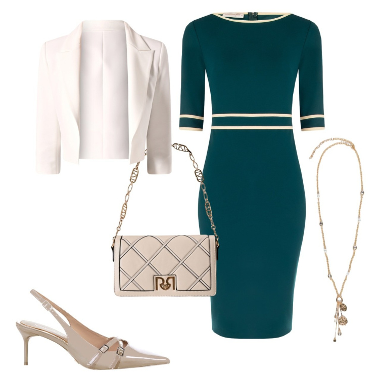 Outfit donna - Cena al ristorante gourmet. Stile Chic per Serata fuori. look ideale per Petite. Abbinamento con vestiti a tubino, blazer, borse a tracolla, décolleté, ciondoli.
