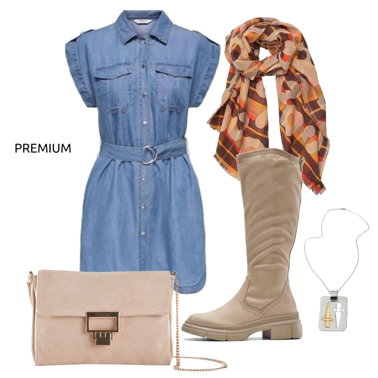 Outfit femme - Septembre. Style Casual chic pour Tous les jours. Assortir avec pochette, bottes, robes courtes, écharpes, colliers.