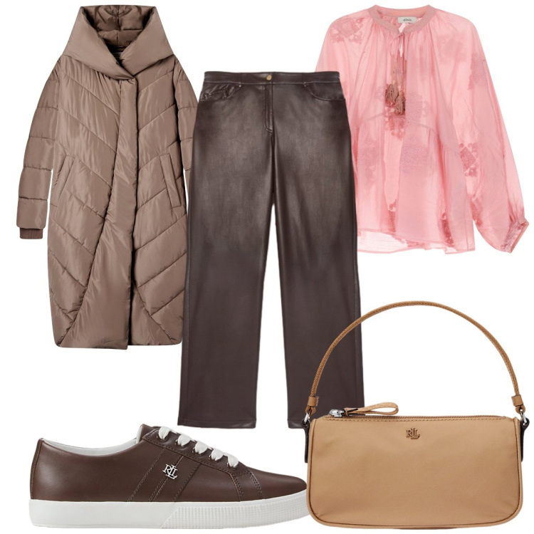 Outfit donna - Brunch domenicale con gli amici. Stile Trendy per Tutti i giorni. Abbinamento con cappotti, camicie, sneakers, pochette, pantaloni.