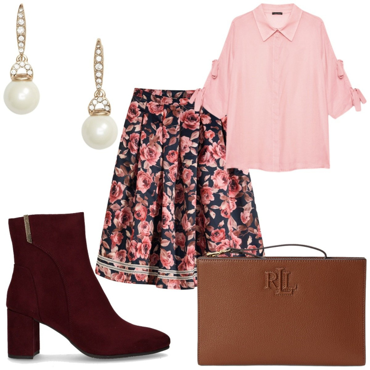 Outfit donna - Brunch domenicale romantico. Stile Romantica per Tutti i giorni. Abbinamento con gonne, orecchini, pochette, camicie, stivaletti.