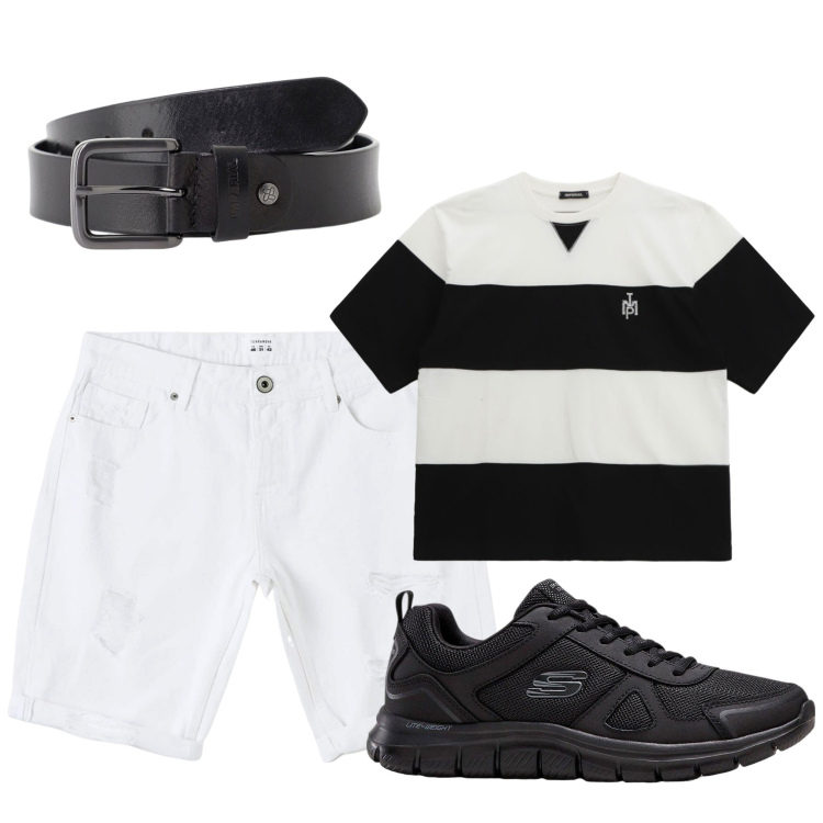 Outfit uomo - Black and White. Stile Casual per Tutti i giorni. Abbinamento con sneakers, bermuda, cinture, t-shirt.