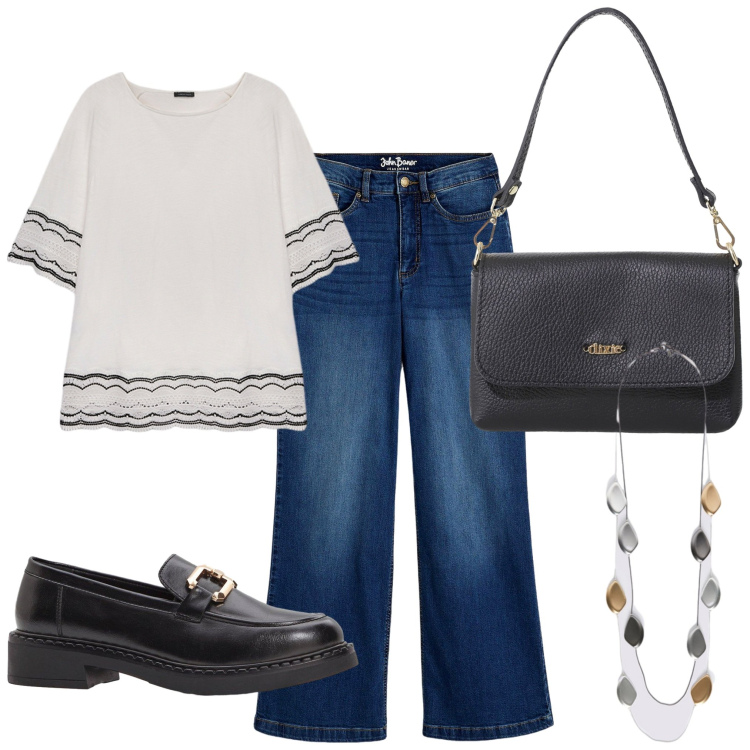Outfit donna - A fare la spesa. Stile Casual per Tutti i giorni. Abbinamento con jeans, mocassini, borse a tracolla, bluse, collane.