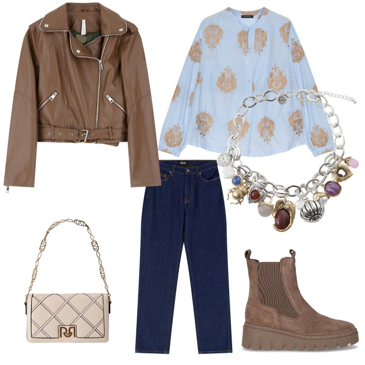 Outfit donna - Total look #2248675. Stile Casual chic per Tutti i giorni. Abbinamento con borse a tracolla, giacche, braccialetti con ciondoli, jeans dritti, bluse, stivaletti.