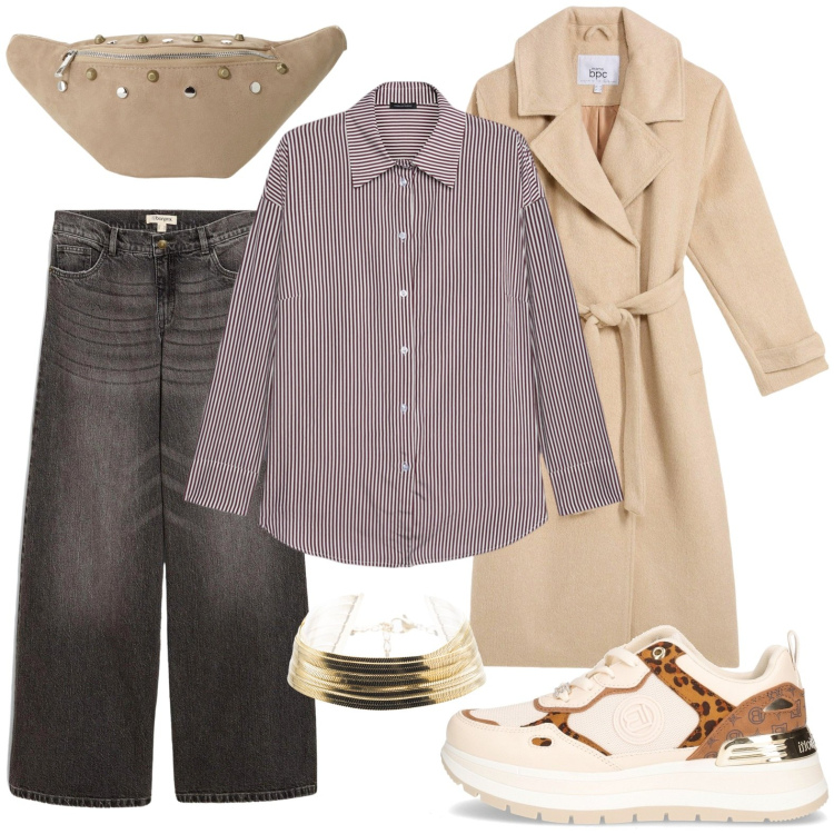 Outfit donna - In beige e bordeaux. Stile Casual per Tutti i giorni. Abbinamento con cappotti, jeans, braccialetti, marsupi, camicie, sneakers.