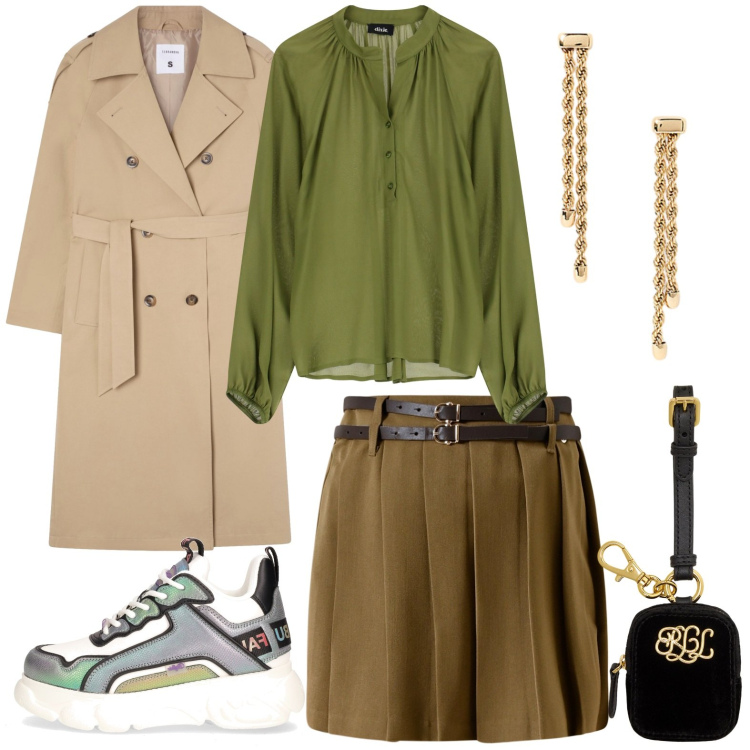 Outfit donna - Colori della terra. Stile Casual chic per Tutti i giorni. Abbinamento con trench, minigonne, camicie, orecchini, pochette, sneakers alte.