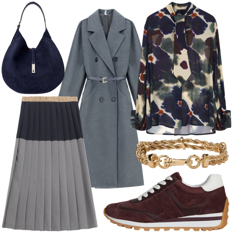 Outfit donna - La borsa blu. Stile Casual chic per Tutti i giorni. Abbinamento con cappotti, gonne longuette, camicie, borse a spalla, braccialetti, sneakers.