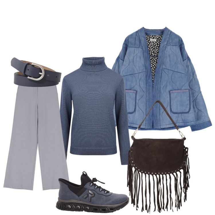 Outfit donna - Casual style passpartout. Stile Casual per Tutti i giorni. Abbinamento con sneakers, blazer, borse a tracolla, pantaloni a palazzo, cinture, maglieria.