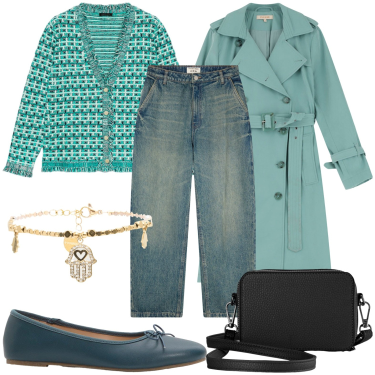 Outfit donna - Verde acqua. Stile Casual chic per Tutti i giorni. Abbinamento con borse a tracolla, ballerine, jeans, trench, braccialetti, cardigans.