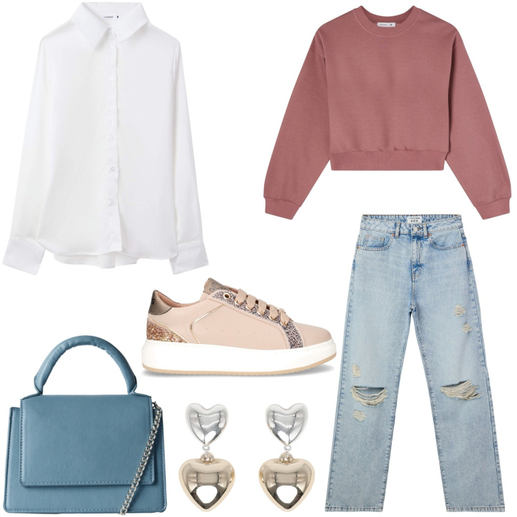 Outfit donna - Total look #2248687. Stile Casual per Tutti i giorni. Abbinamento con jeans strappati, orecchini, camicie, borse a tracolla, felpe, sneakers.