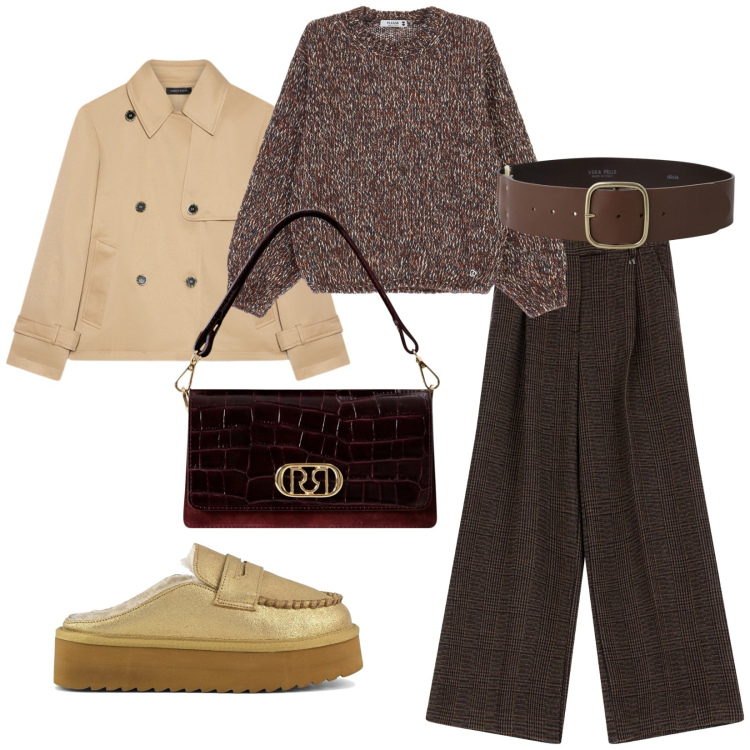 Outfit donna - Colori caldi. per Tutti i giorni. Abbinamento con borse a mano, maglieria, pantaloni a palazzo, cinture, trench, mocassini.