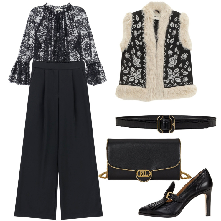 Outfit donna - Mix di tessuti. Stile Chic per Serata fuori. Abbinamento con pantaloni a palazzo, camicie, gilet, décolleté, borse a tracolla, cinture.