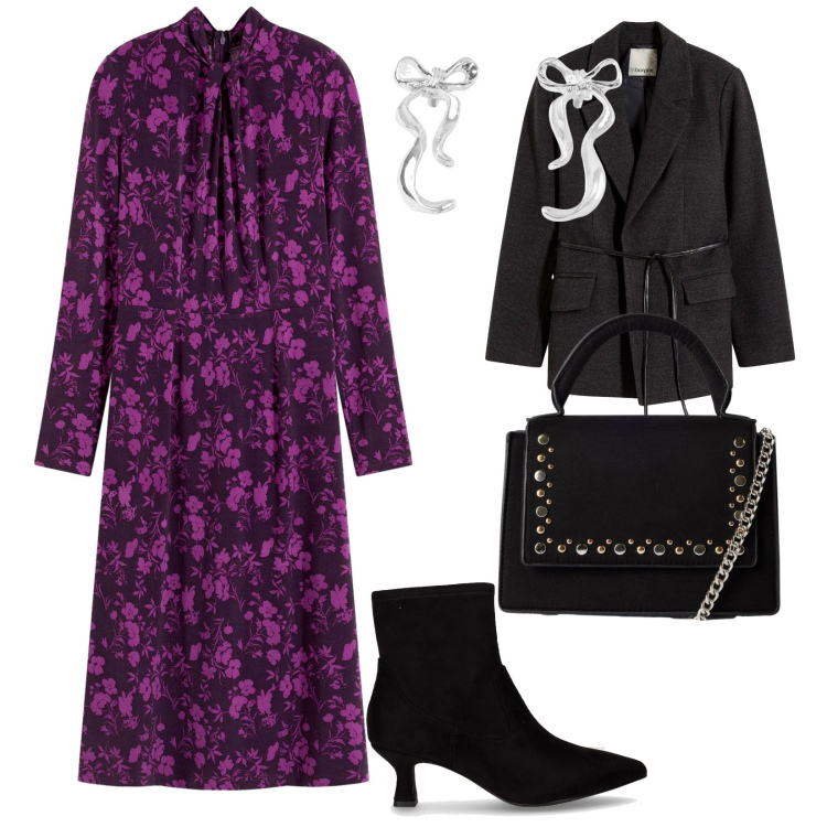 Outfit donna - Serata al ristorante. per Serata fuori. Abbinamento con blazer, vestiti midi/longuette, orecchini, borse a tracolla, stivaletti.