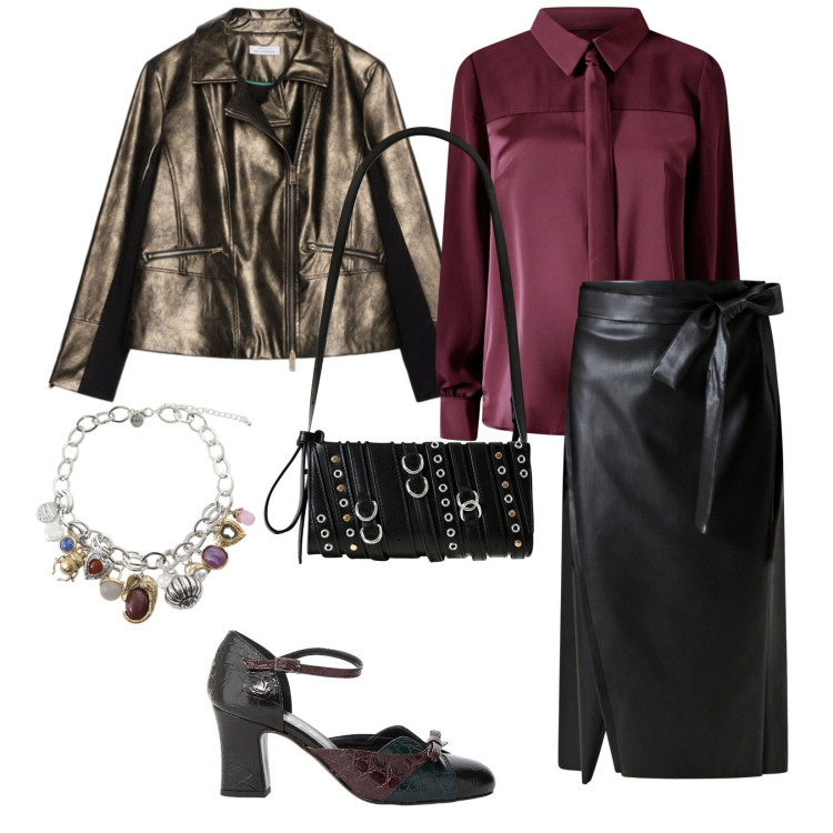Outfit donna - Serata al ristorante. per Serata fuori. Abbinamento con borse a spalla, camicie, gonne longuette, décolleté, braccialetti con ciondoli, giacche.