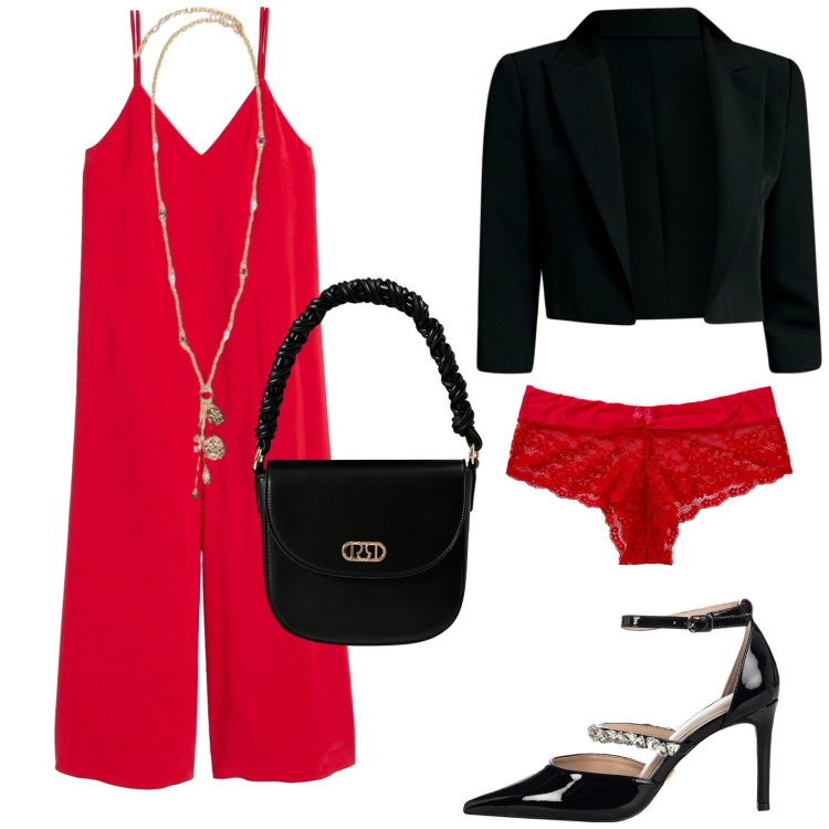 Outfit donna - Tuta and black. Stile Vintage retrò per Cerimonia. Abbinamento con tute, culotte, bolero, borse a mano, décolleté, ciondoli.