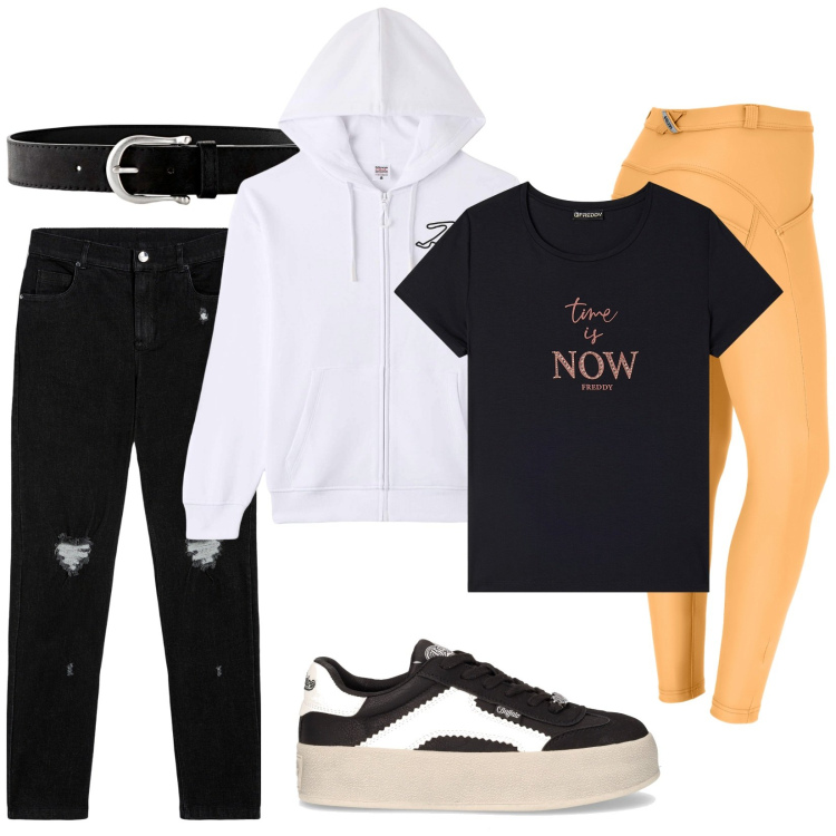 Outfit donna - Time Is now. Stile Casual per Scuola/Università. Abbinamento con cinture, felpe con cappuccio, pantaloni skinny, jeans skinny, t-shirt, sneakers.