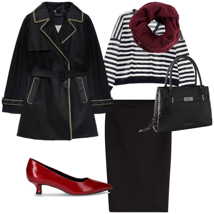 Outfit donna - Shopping. per Tutti i giorni. Abbinamento con gonne longuette, borse a mano, foulard, maglieria, trench, décolleté.