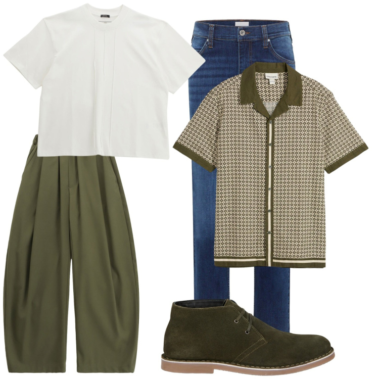 Outfit uomo - Trendy. Stile Trendy per Tutti i giorni. Abbinamento con camicie a manica corta, jeans dritti, pantaloni, t-shirt, stivali e stivaletti.