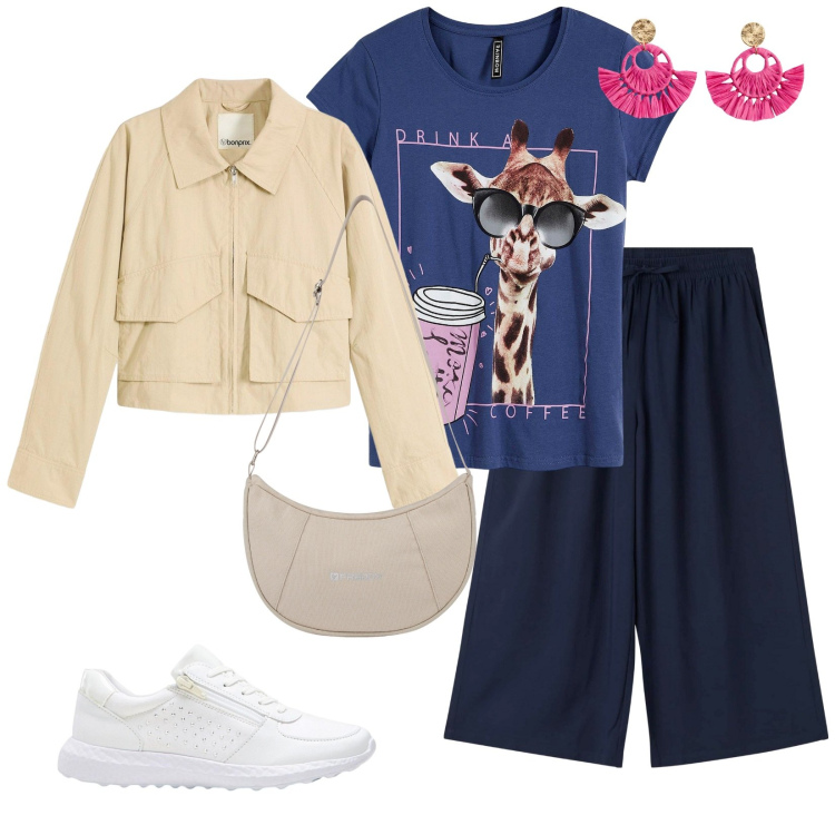 Outfit donna - Ultimi scorci estivi. per Mare. Abbinamento con t-shirt, sneakers, orecchini, trench, pantaloni a palazzo, borse a spalla.