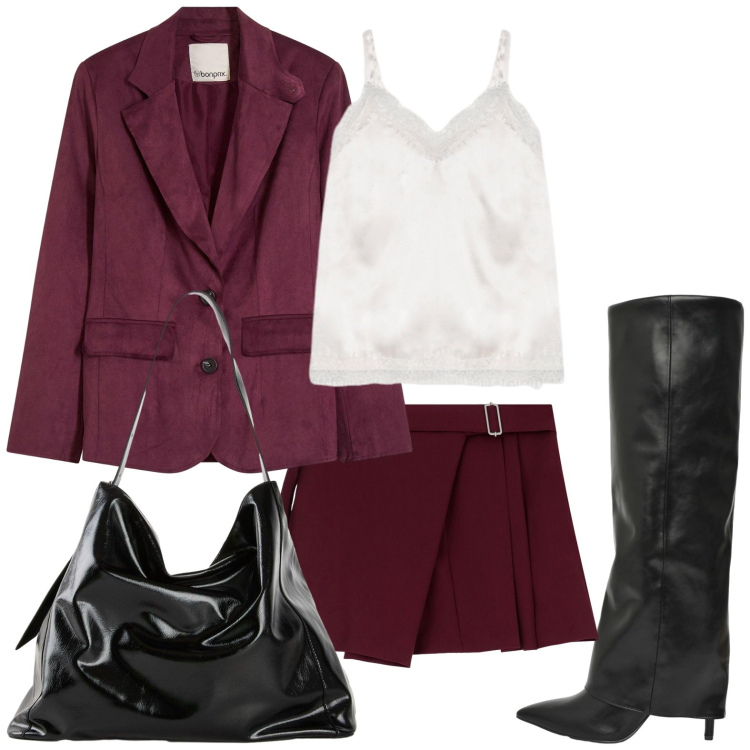 Outfit donna - Lo stivale grintoso. Stile Glamour per Serata fuori. Abbinamento con shopping bag, blazer, stivali, minigonne, canottiere.
