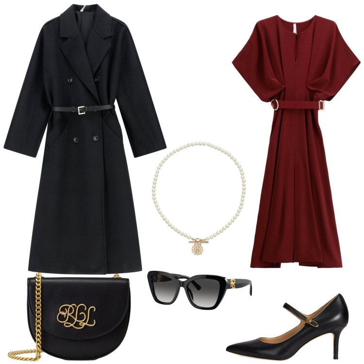 Outfit donna - Total look #2248709. Stile Chic per Ufficio. Abbinamento con vestiti lunghi, cappotti, occhiali da sole, ciondoli, décolleté, borse a tracolla.