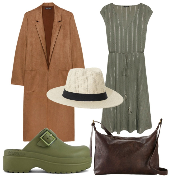 Outfit donna - Il trench fluido: insieme al cappello. Stile Trendy per Tutti i giorni. Abbinamento con borse a tracolla, cappelli, sandali, trench, vestiti midi/longuette.