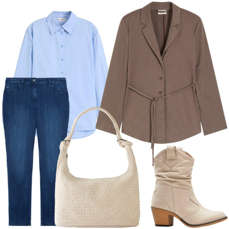 Outfit donna - Il jeans scuro. Stile Minimal per Scuola/Università. Abbinamento con stivaletti texani, shopping bag, blazer, camicie, jeans skinny.