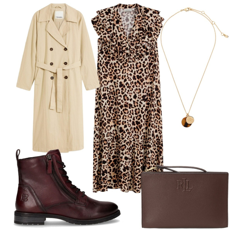 Outfit donna - Il trench fluido : alla moda sempre!. Stile Trendy per Tutti i giorni. Abbinamento con trench, vestiti midi/longuette, collane, pochette, stivaletti.