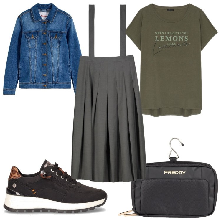 Outfit donna - Il giubbino di jeans super versatile: tr. Stile Trendy per Tutti i giorni. Abbinamento con blazer, valigie, t-shirt, gonne lunghe, sneakers.