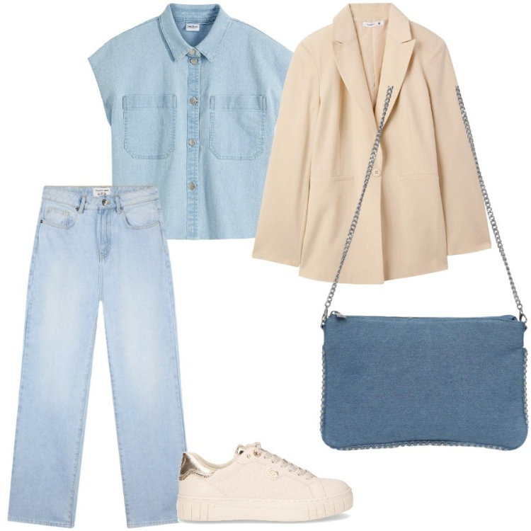 Outfit donna - Total denim. Stile Casual per Tutti i giorni. Abbinamento con camicie, borse a tracolla, blazer, jeans dritti, sneakers.