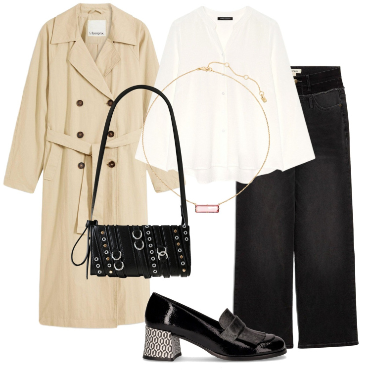 Outfit donna - Brunch domenicale. Stile Casual chic per Tutti i giorni. Abbinamento con jeans dritti, trench, borse a spalla, collane, camicie, mocassini.