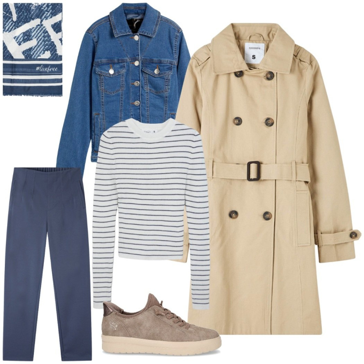 Outfit donna - Sotto il trench.... Stile Urban per Tutti i giorni. Abbinamento con blazer, trench, maglieria, pantaloni chino, foulard, sneakers.