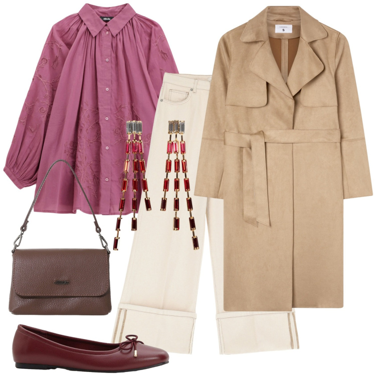 Outfit donna - Brunch domenicale. Stile Casual chic per Tutti i giorni. Abbinamento con orecchini, ballerine, trench, pantaloni, camicie, borse a tracolla.