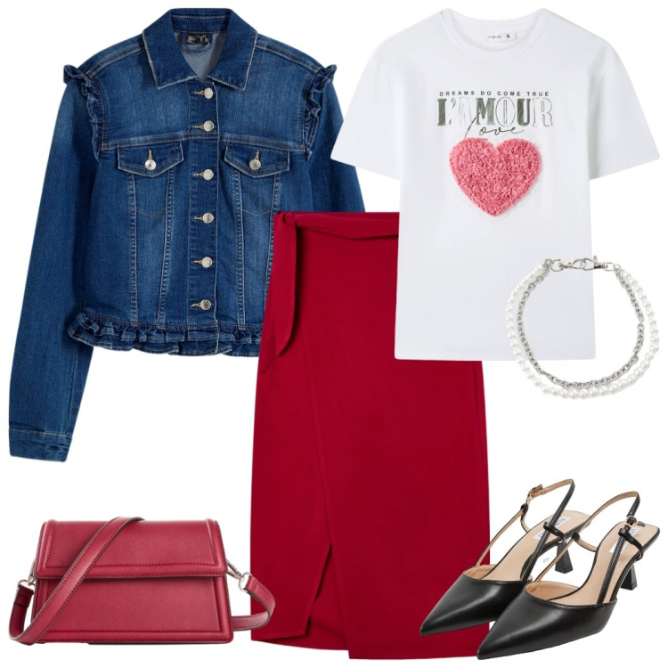 Outfit donna - Denim e rouches. Stile Glamour per Serata fuori. Abbinamento con blazer, borse a tracolla, sabot, gonne longuette, t-shirt, braccialetti.