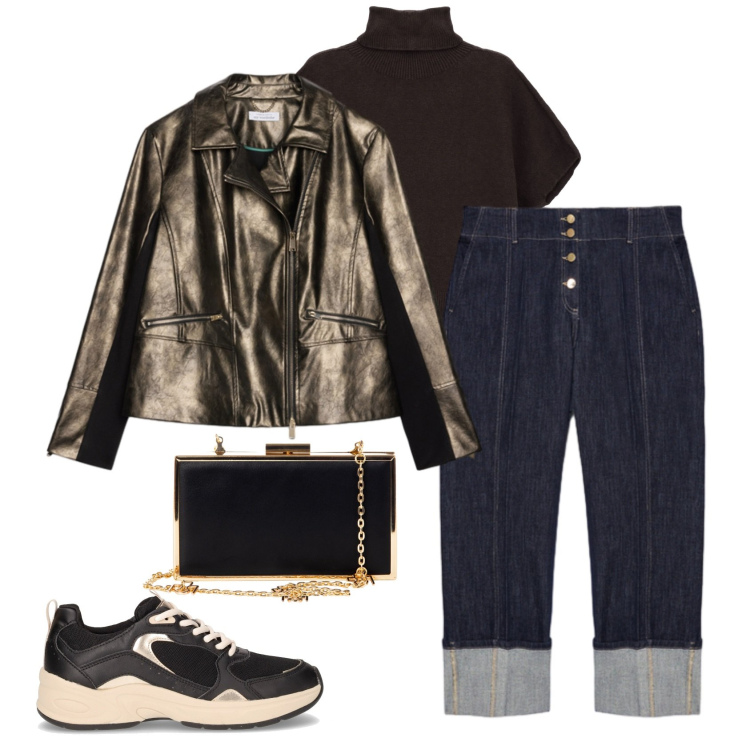 Outfit donna - Brunch domenicale. Stile Casual chic per Tutti i giorni. Abbinamento con pochette, maglieria, giacche, sneakers, jeans.