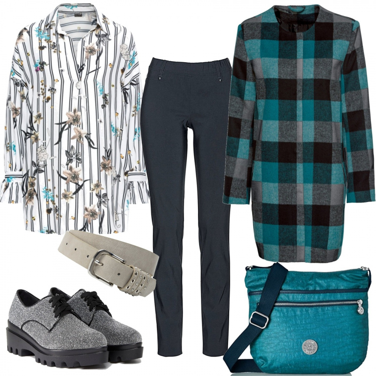 Outfit donna - Mix and Match. Stile Basic per Tutti i giorni. Abbinamento con pantaloni, giacca nero, pantaloni, cintura, borsa a tracolla, scarpe stringate con stringhe effetto metallizzato con punta smussata in pelle sintetica.