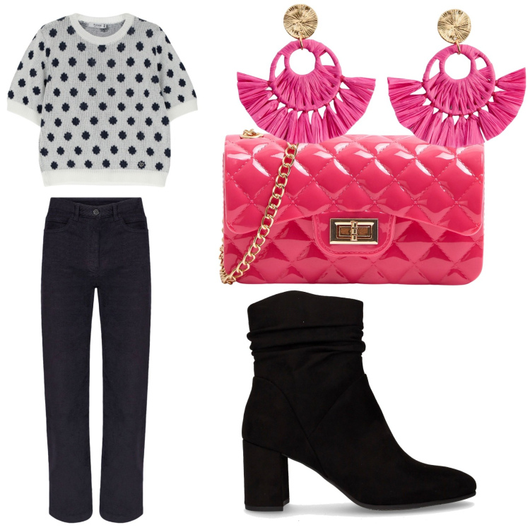 Outfit donna - Trendy a pois. Stile Casual per Tutti i giorni. Abbinamento con orecchini, borse a tracolla, maglieria, pantaloni, stivaletti.