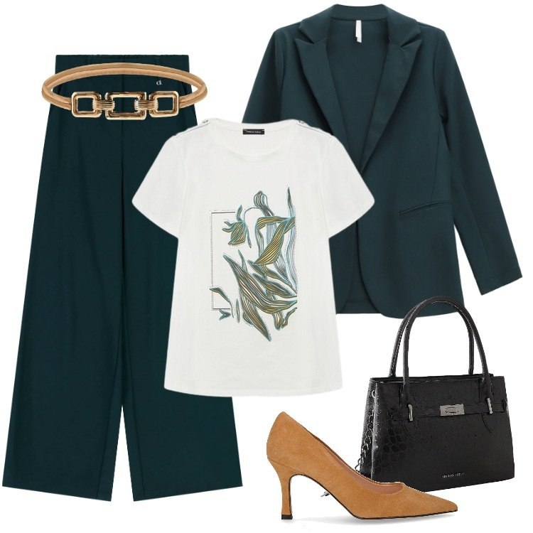Outfit donna - A cena con le amiche. Stile Casual chic per Serata fuori. Abbinamento con borse a mano, cinture, blazer, pantaloni a palazzo, t-shirt, décolleté.