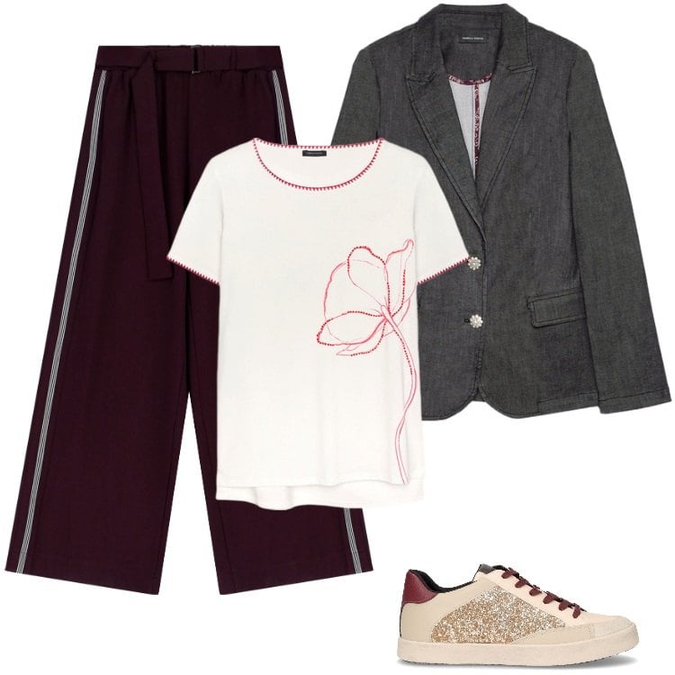 Outfit donna - La giacca pratica in autunno. Stile Sporty chic per Tutti i giorni. Abbinamento con pantaloni a palazzo, blazer, sneakers, t-shirt.