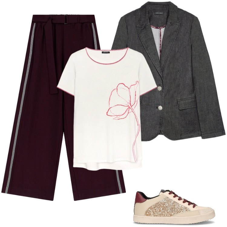Outfit donna - Total look #2248736. Stile Sporty chic per Ufficio. Abbinamento con pantaloni a palazzo, t-shirt, sneakers, blazer.