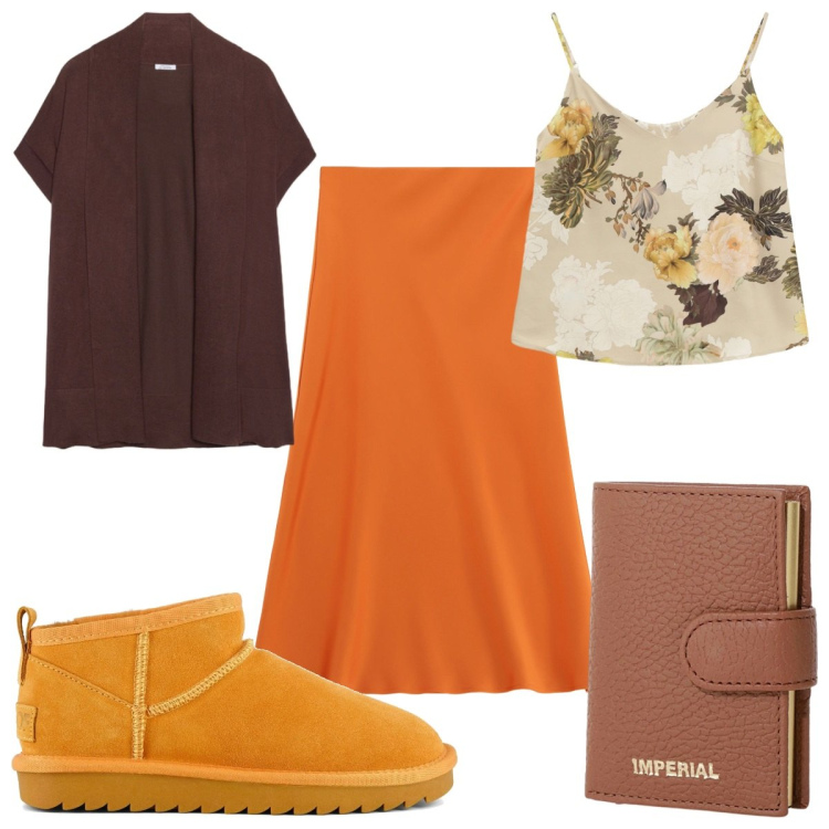 Outfit donna - Colori caldi per l\'autunno. Stile Trendy per Tutti i giorni. Abbinamento con portafogli, top, gonne longuette, stivali, cardigans.