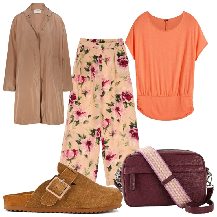 Outfit donna - Colori caldi per l\'autunno : arancione. Stile Trendy per Tutti i giorni. Abbinamento con bluse, borse a tracolla, pantaloni, sabot, trench.