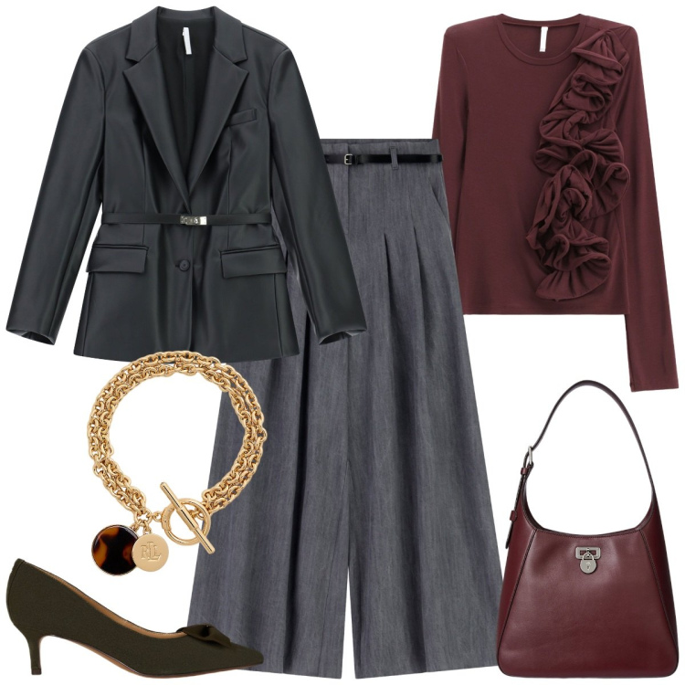 Outfit donna - Imperial - fw25. Stile Chic per Cerimonia. Abbinamento con blazer, t-shirt, pantaloni a palazzo, braccialetti con ciondoli, décolleté, borse a spalla.