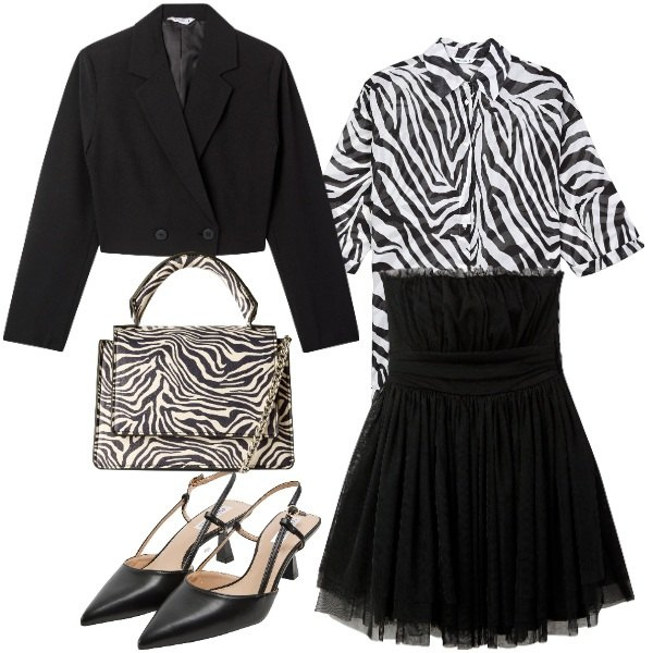 Outfit donna - Maculato e tulle incontrano crop blazer. Stile Urban per Serata fuori. Abbinamento con vestiti corti, camicie, sabot, blazer, borse a tracolla.