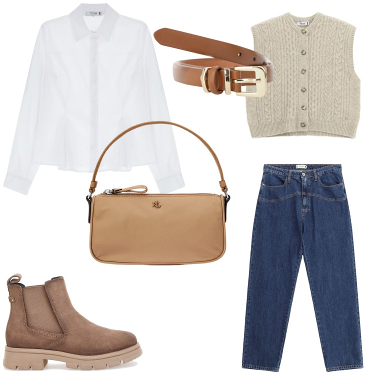 Outfit donna - Preppy girl. Stile Preppy per Scuola/Università. Abbinamento con jeans, gilet, camicie, cinture, pochette, stivaletti chelsea.