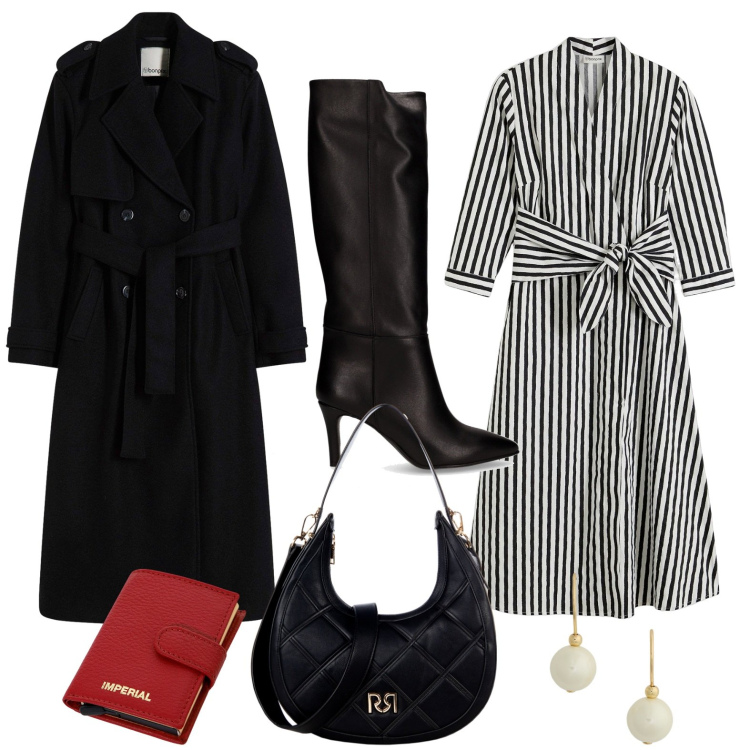 Outfit donna - Dress midi a righe con tocco di colore. Stile Chic per Tutti i giorni. Abbinamento con vestiti midi/longuette, trench, borse a tracolla, portafogli, orecchini, stivali.