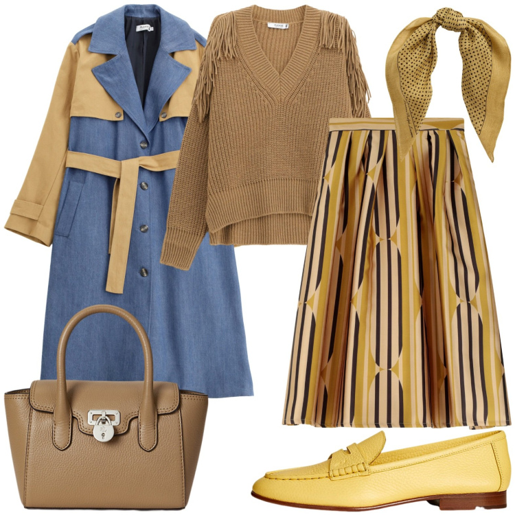Outfit donna - Trench leggero. Stile Chic per Tutti i giorni. Abbinamento con maglieria, trench, gonne lunghe, mocassini, foulard, borse a mano.